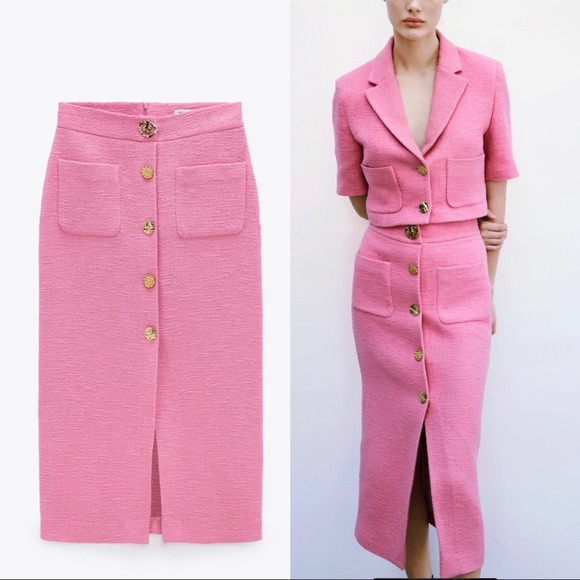 Zara textured midi skirt with buttons, pink - Picture 3 of 5